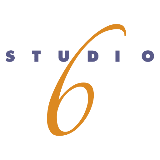Purple STUDIO lettering and large orange six